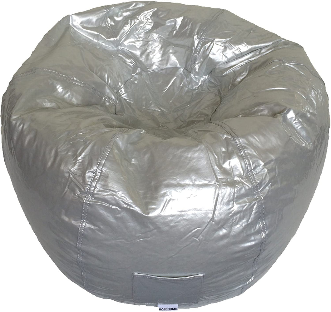 Boscoman - Adult Round Vinyl With Pocket Beanbag Chair - Silver - COVER ONLY